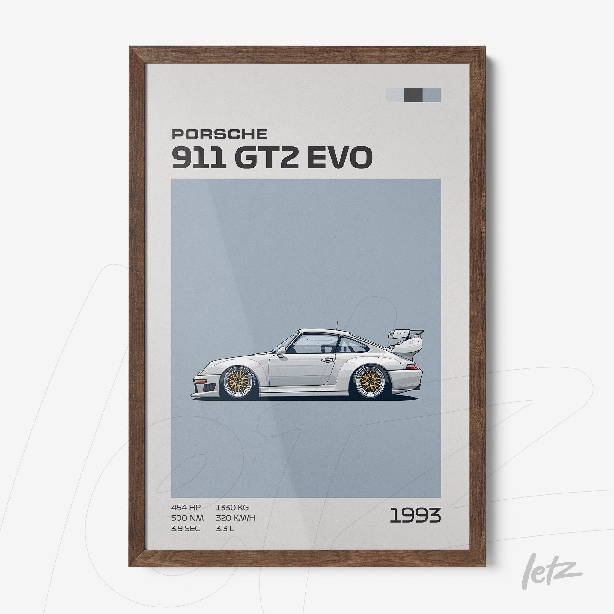 framed artwork of a porsche 911 gt2 evo illustration against a light blue background with dark wood frame and technical details beside it