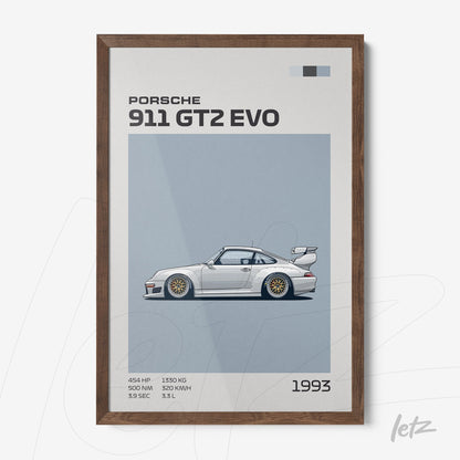 framed artwork of a porsche 911 gt2 evo illustration against a light blue background with dark wood frame and technical details beside it
