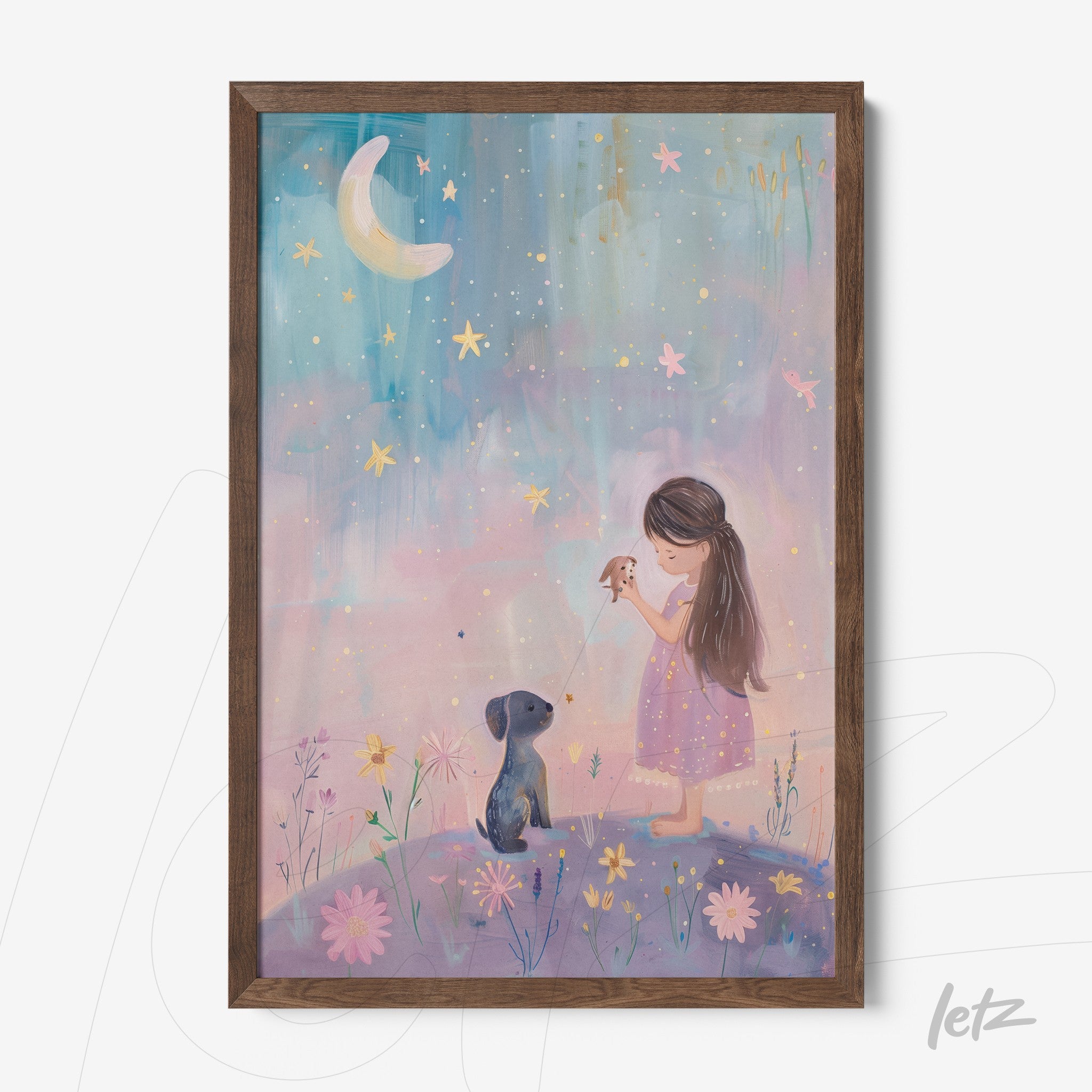 framed children's art depicting a girl in a pink dress holding a bird while sitting next to a dog under a starry sky