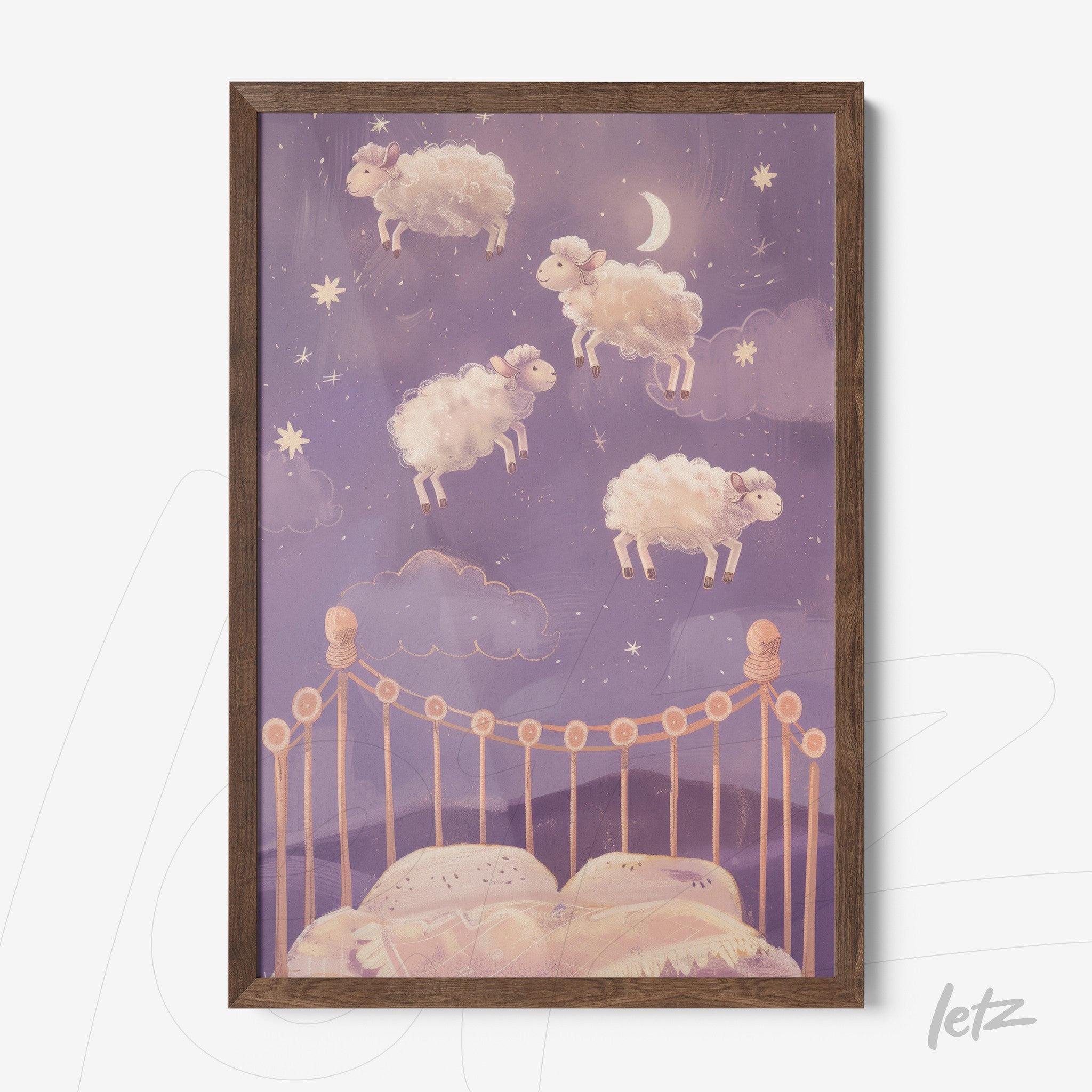 framed illustration of floating sheep above a bed in a starry background with a moon, dark wood frame