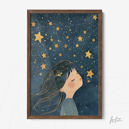 framed wall art featuring a dreaming girl under a starry sky with dark wood frame