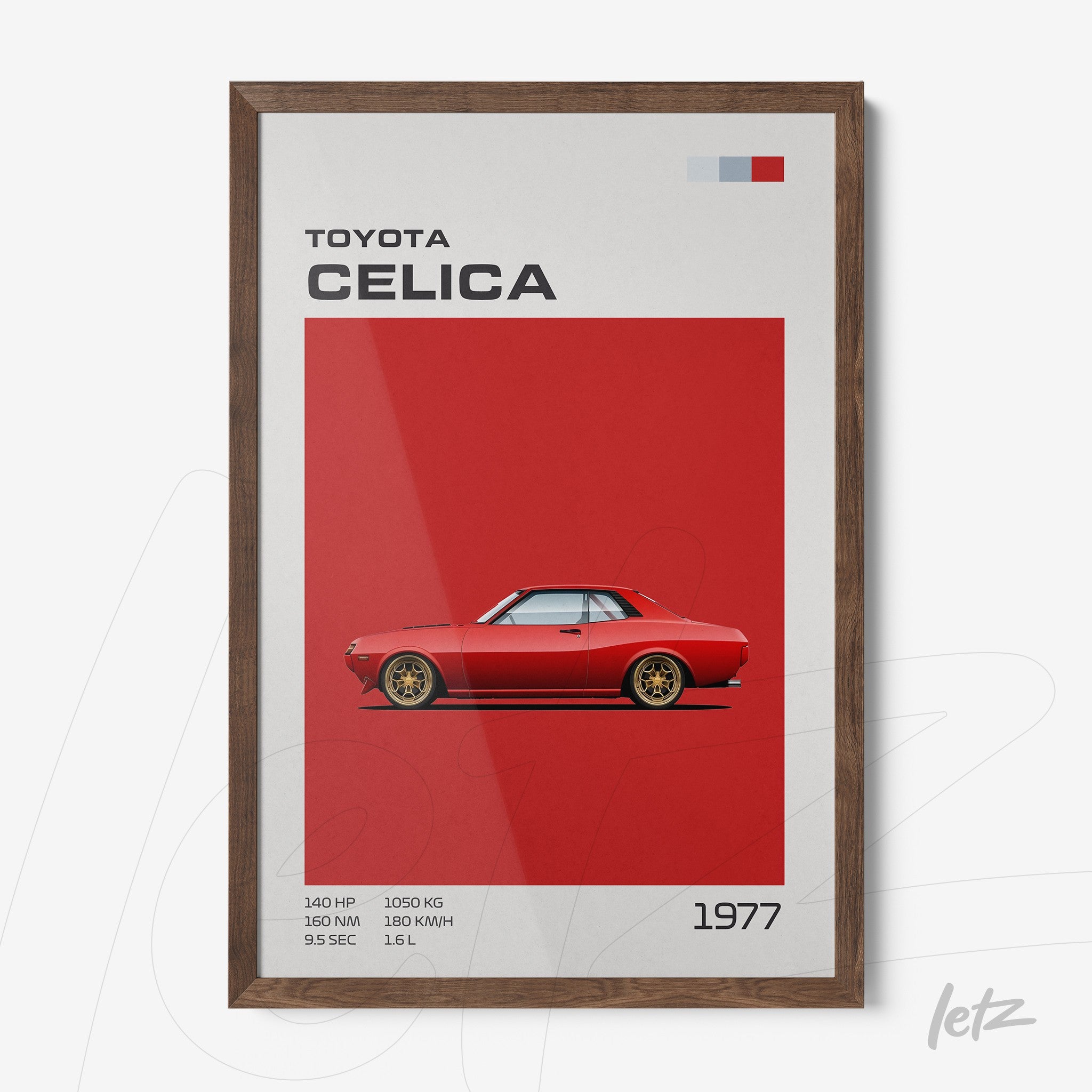 framed retro art of a 1977 Toyota Celica on vibrant red background with dark wood frame