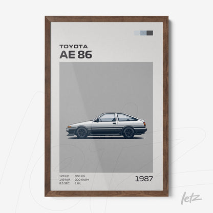 framed minimalist art of the Toyota AE86 car with dark wood frame