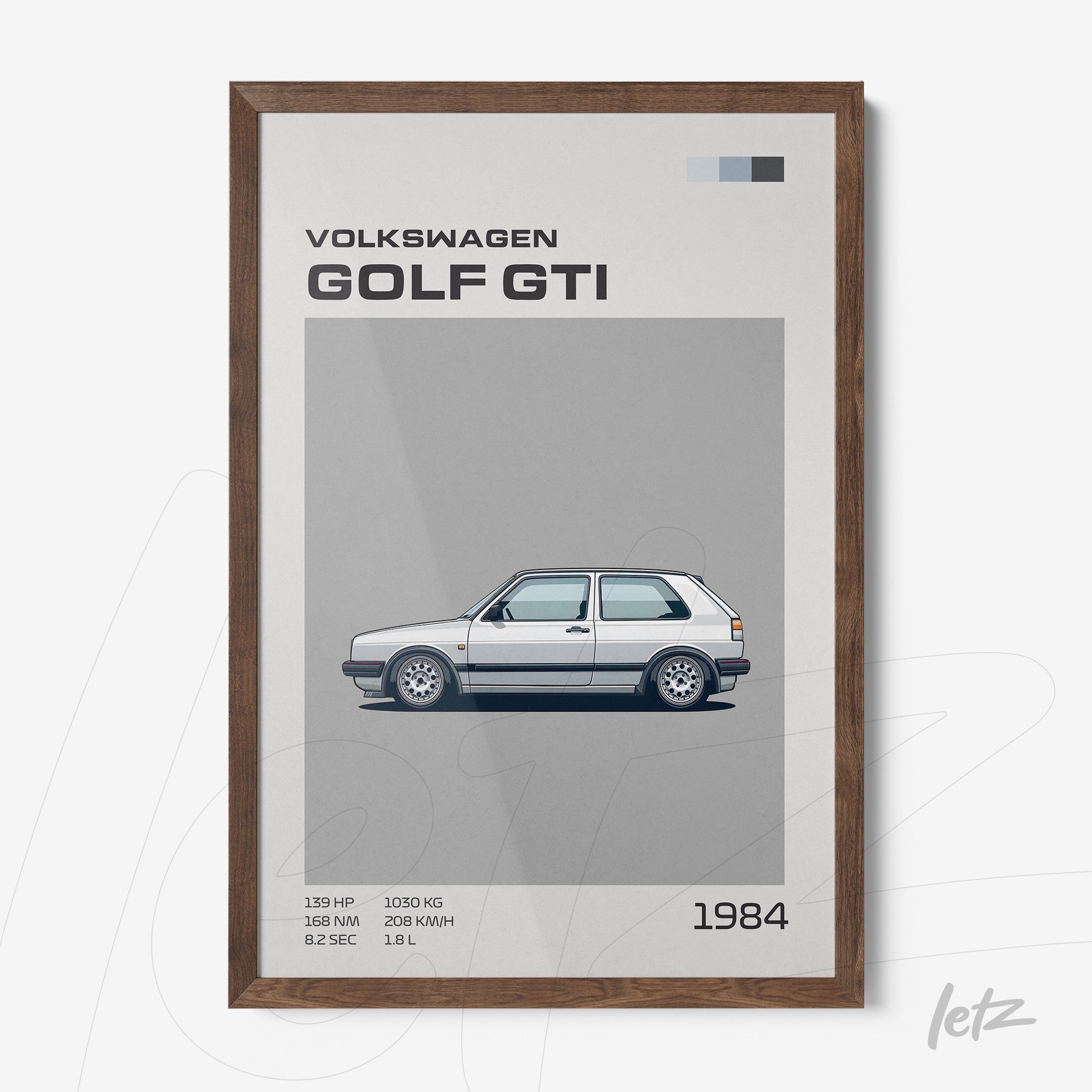 framed wall art featuring a minimalist illustration of a Golf GTI car in dark wood frame