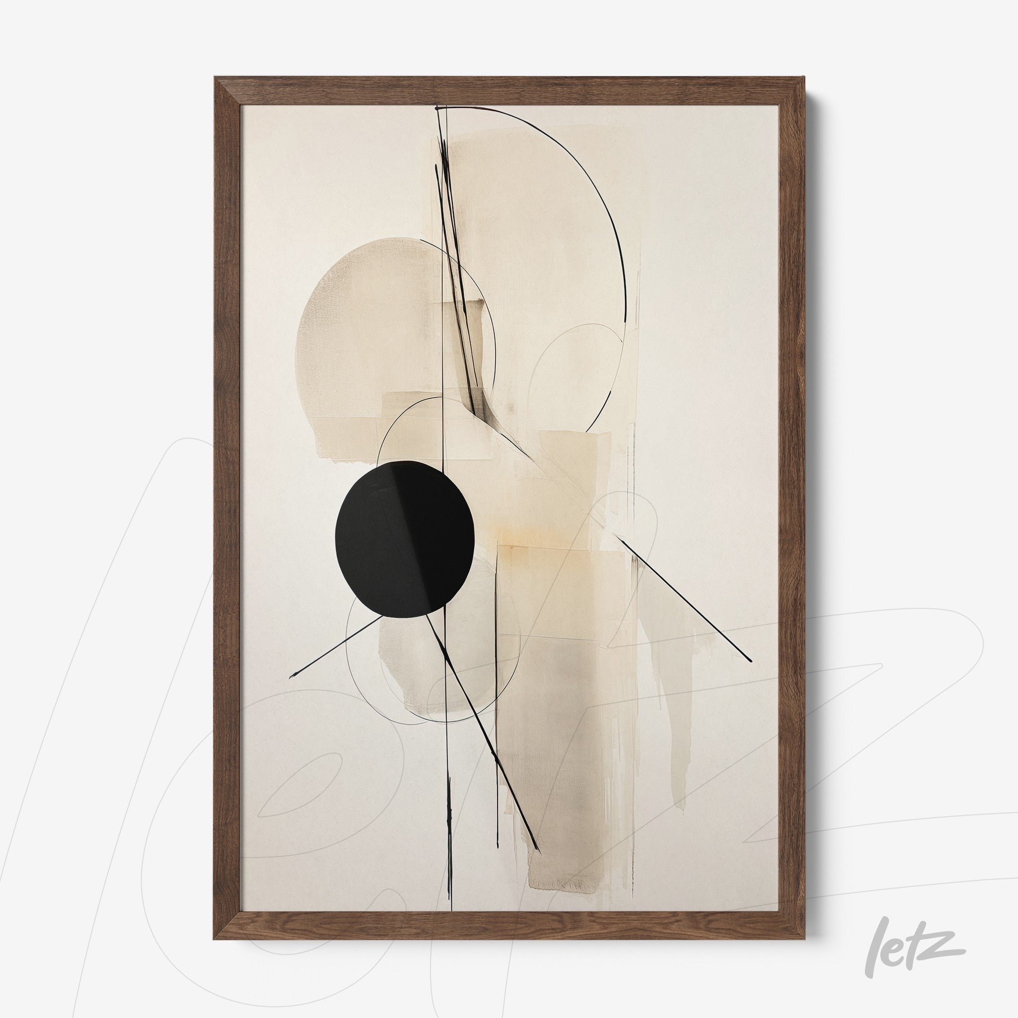 framed abstract wall art in light tones featuring geometric shapes and a large black circle with a dark wood frame