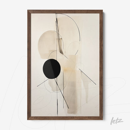 framed abstract wall art in light tones featuring geometric shapes and a large black circle with a dark wood frame
