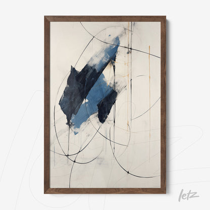 abstract art with geometric shapes in shades of blue and black in dark wood frame