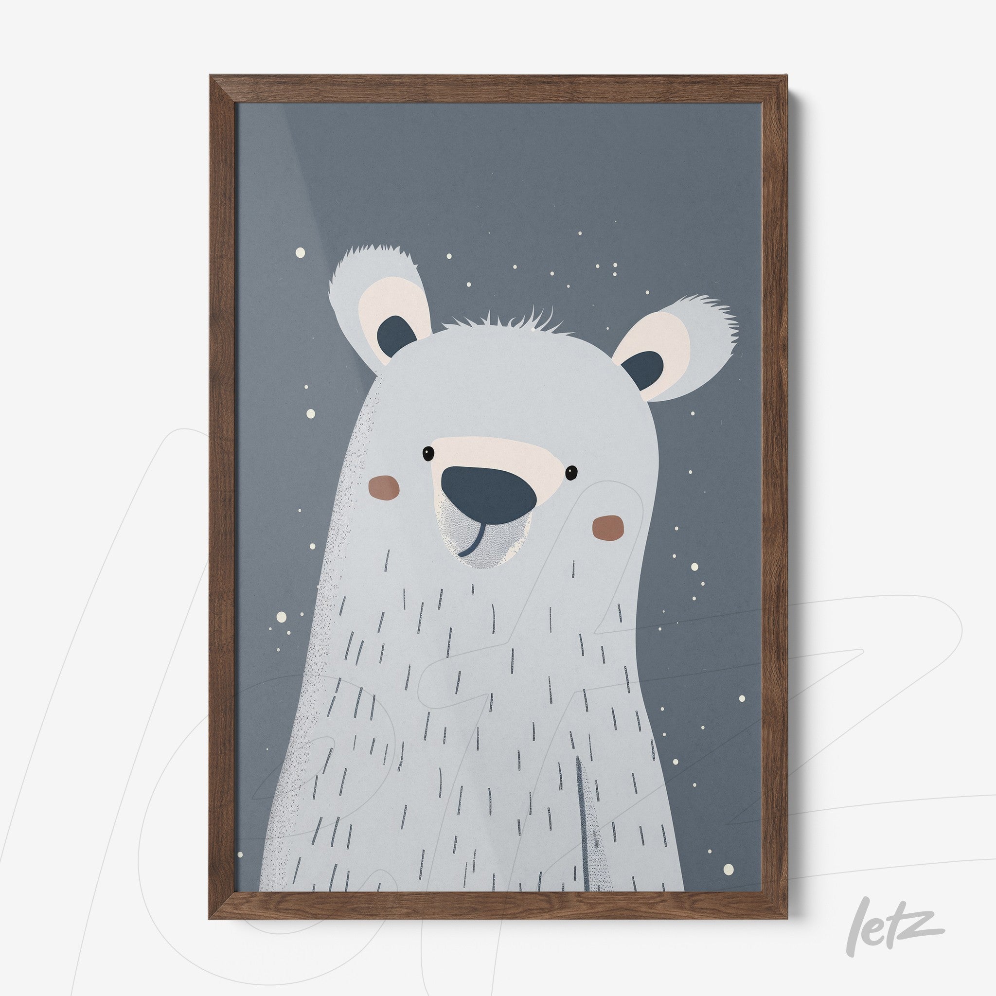 framed print featuring a stylized polar bear on a blue background with a wooden frame