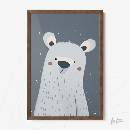 framed print featuring a stylized polar bear on a blue background with a wooden frame