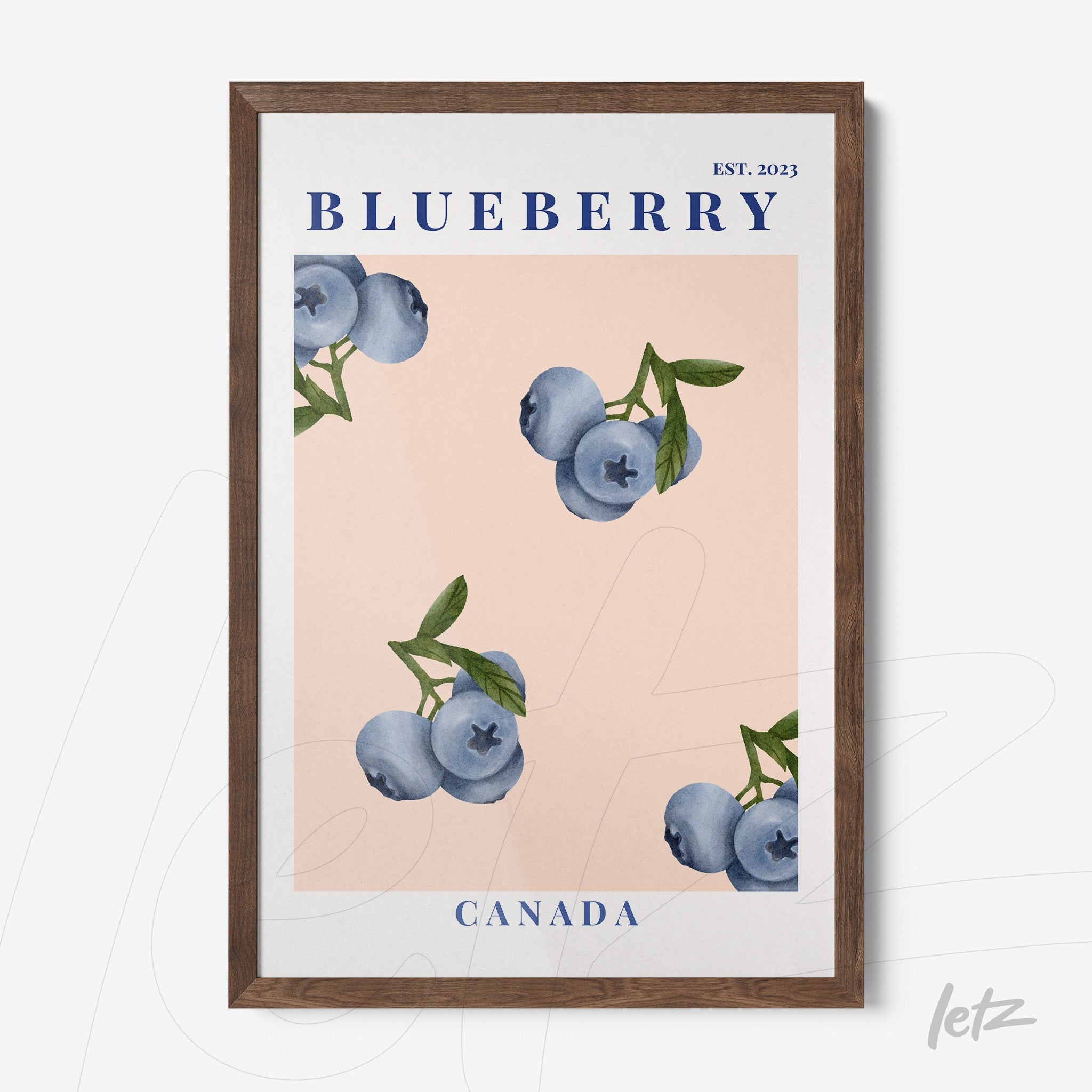 framed watercolor art of blueberries on pink background with dark wooden frame