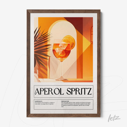 framed graphic art of aperol spritz cocktail with dark wood frame