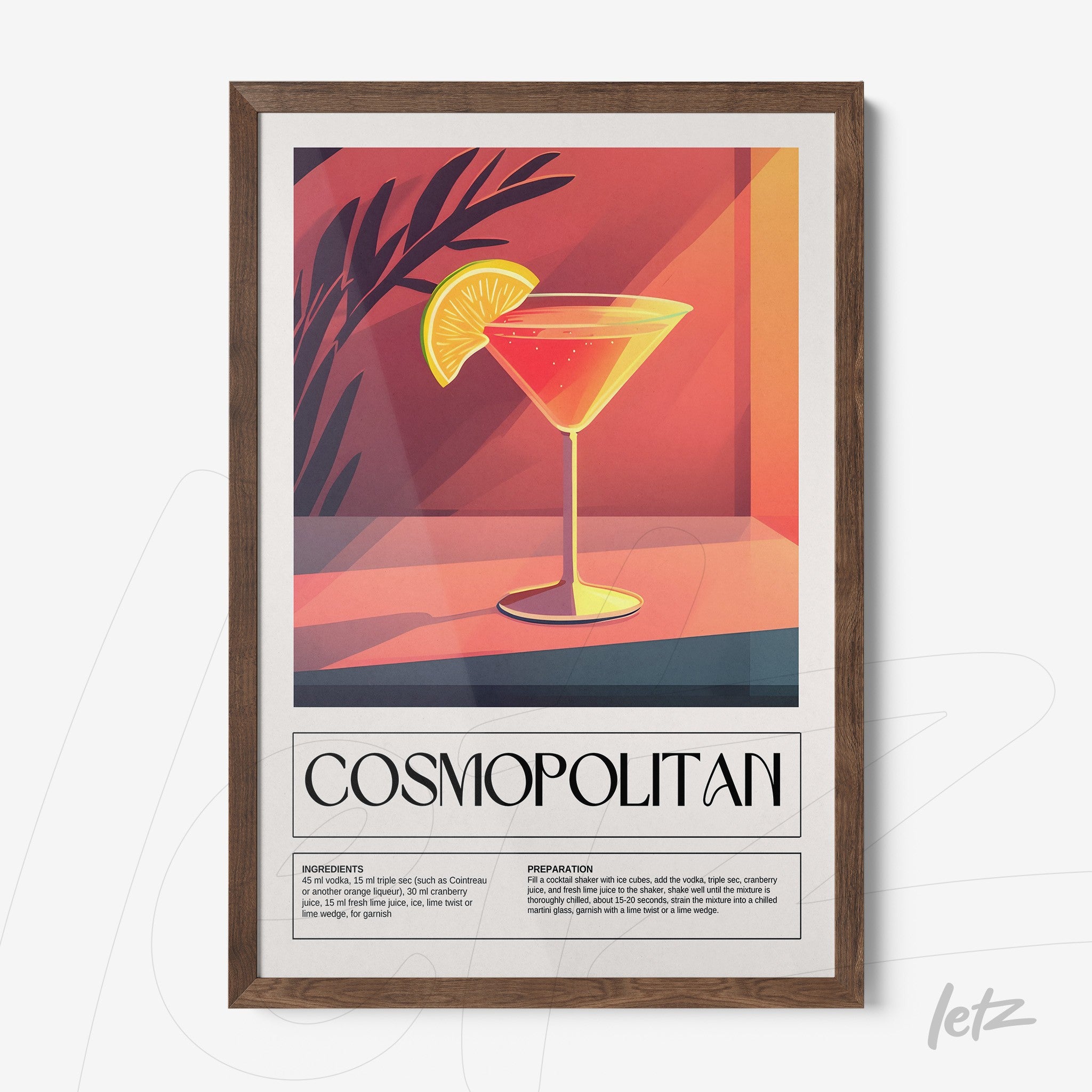 vintage framed artwork of cosmopolitan cocktail in dark wood frame
