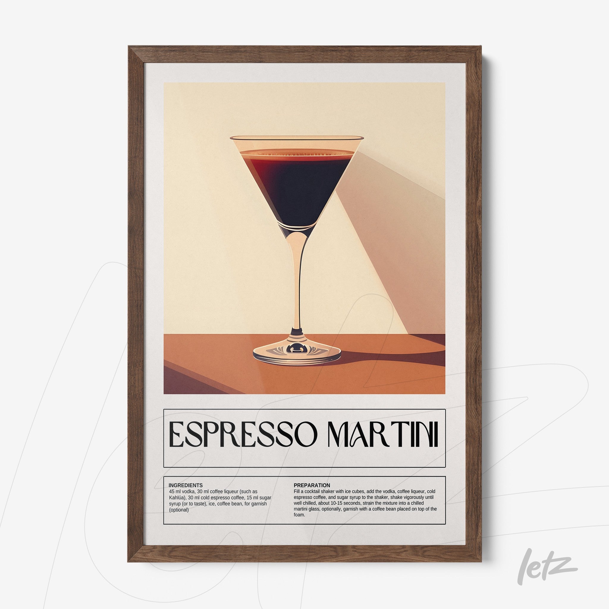 modern framed wall art of espresso martini cocktail in dark wood frame