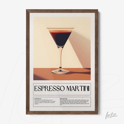 modern framed wall art of espresso martini cocktail in dark wood frame