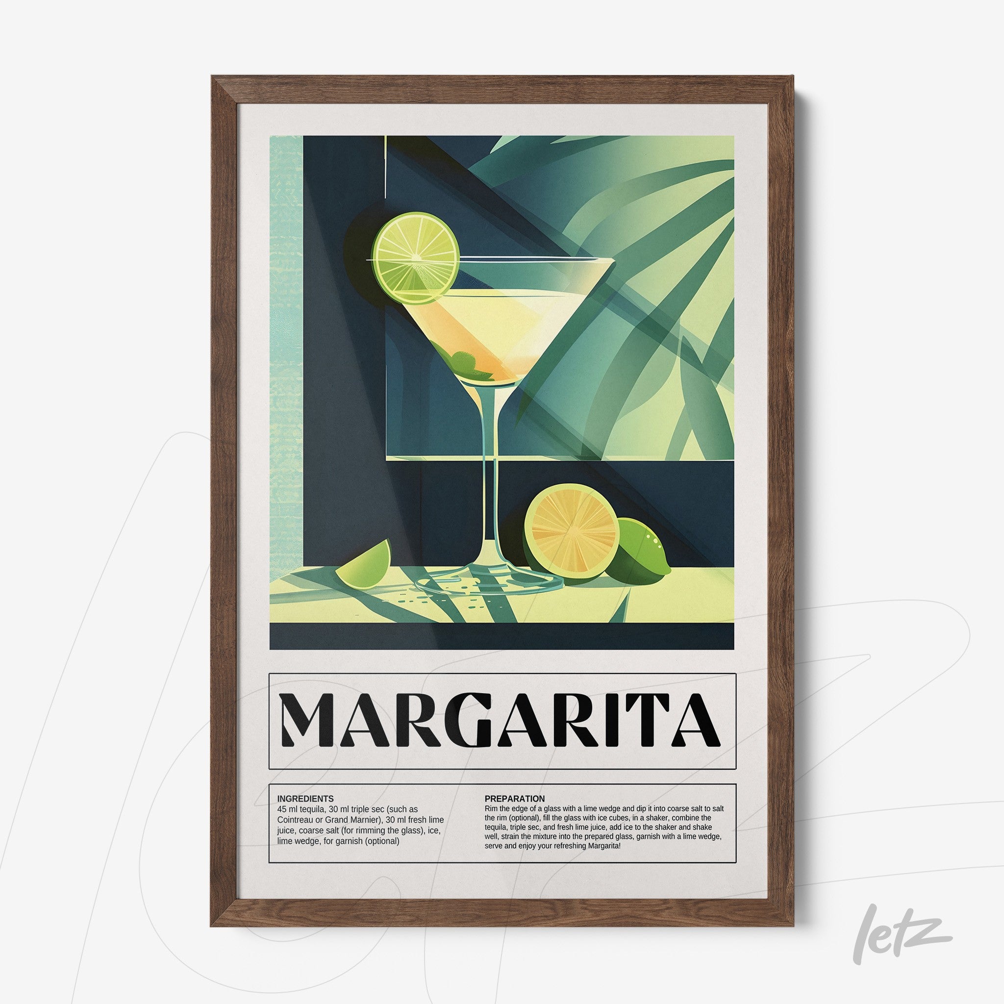 framed wall art featuring minimalistic illustration of margarita cocktail with dark wood frame