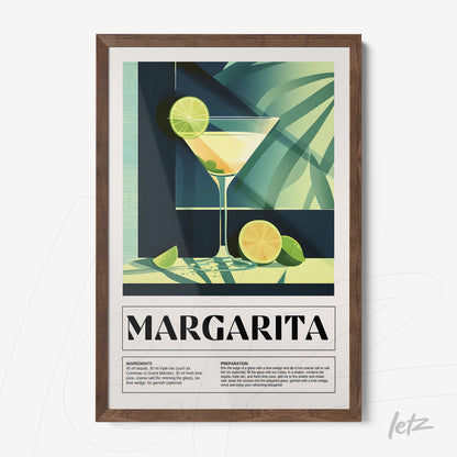 framed wall art featuring minimalistic illustration of margarita cocktail with dark wood frame