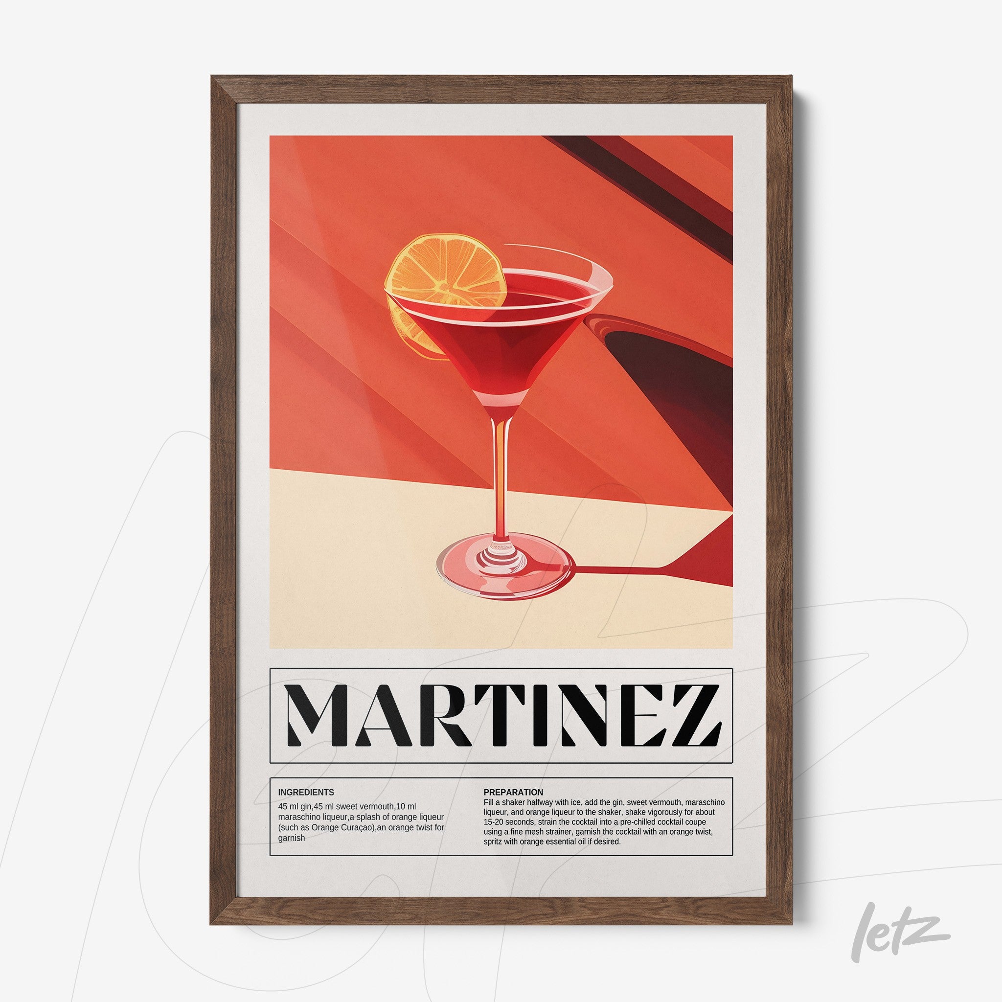 modern art print of martinez cocktail in dark wood frame