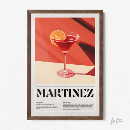 modern art print of martinez cocktail in dark wood frame