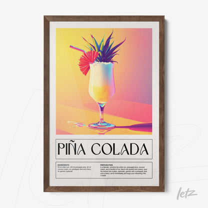 framed digital art of piña colada cocktail with dark wood frame
