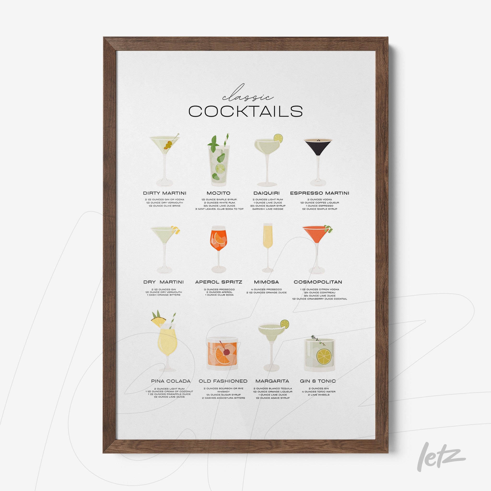 framed wall art featuring illustrations of classic cocktails in dark brown frame