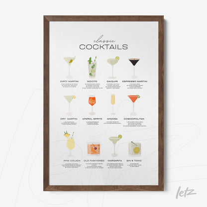 framed wall art featuring illustrations of classic cocktails in dark brown frame