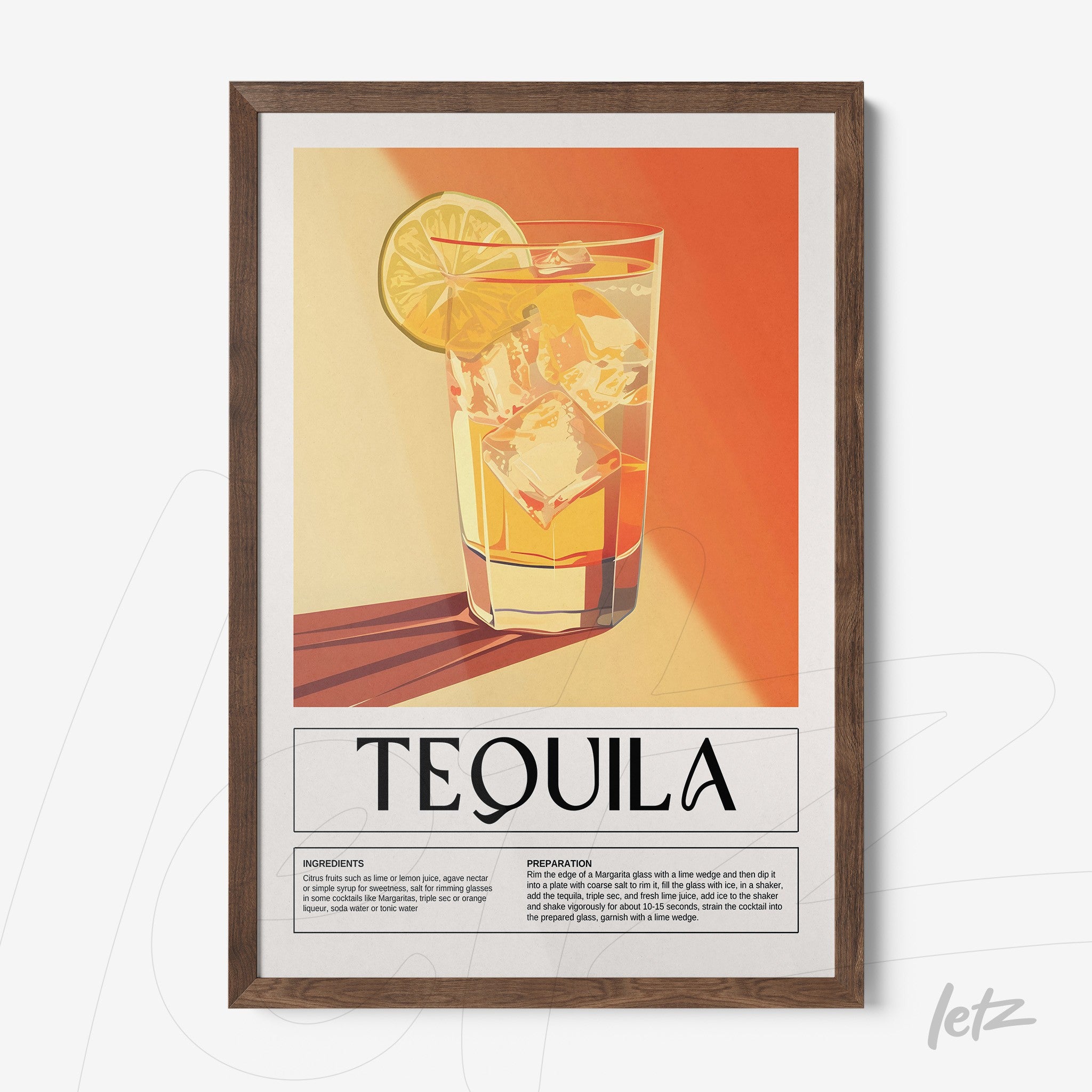framed wall art of tequila drink in a clear glass with ice and a slice of lemon, featuring a light wood frame