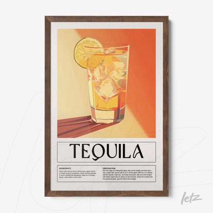 framed wall art of tequila drink in a clear glass with ice and a slice of lemon, featuring a light wood frame