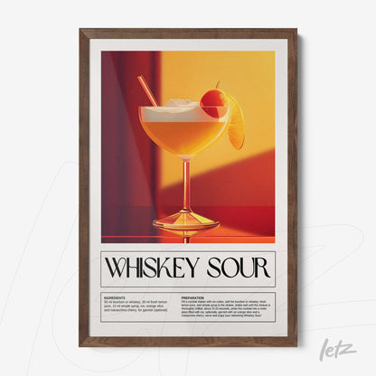 framed wall art featuring a whiskey sour cocktail illustration with a dark wooden frame and a vibrant warm background
