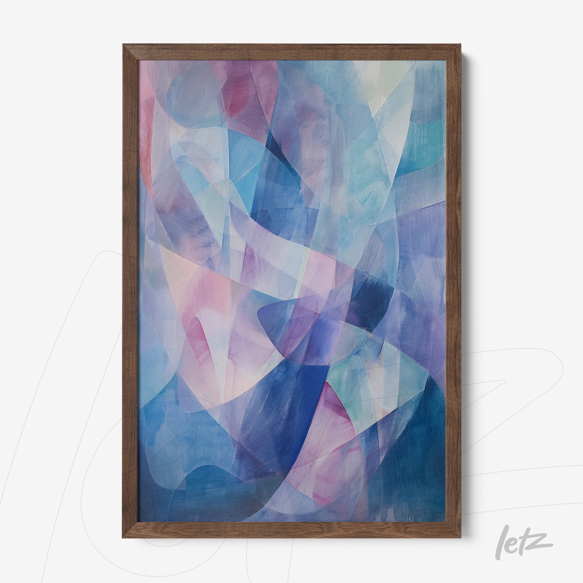 abstract wall art in shades of blue and pink within a dark wood frame