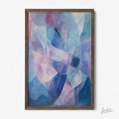 abstract wall art in shades of blue and pink within a dark wood frame