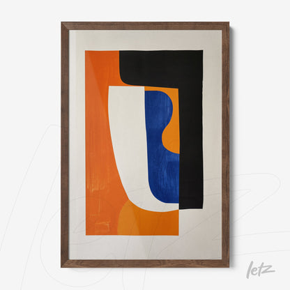 framed abstract art piece featuring vibrant orange, blue, and black colors with a light wood frame