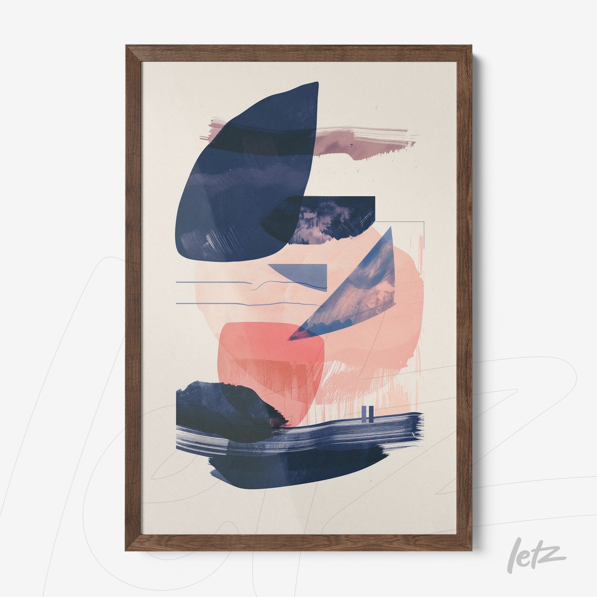 abstract wall art featuring soft colors with fluid shapes in shades of blue and pink framed in dark wood