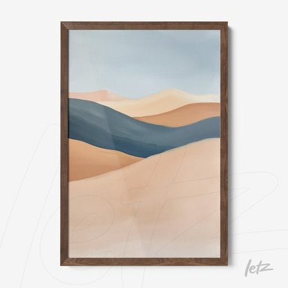 framed abstract wall art featuring earthy tones and blue hues with dark wood frame