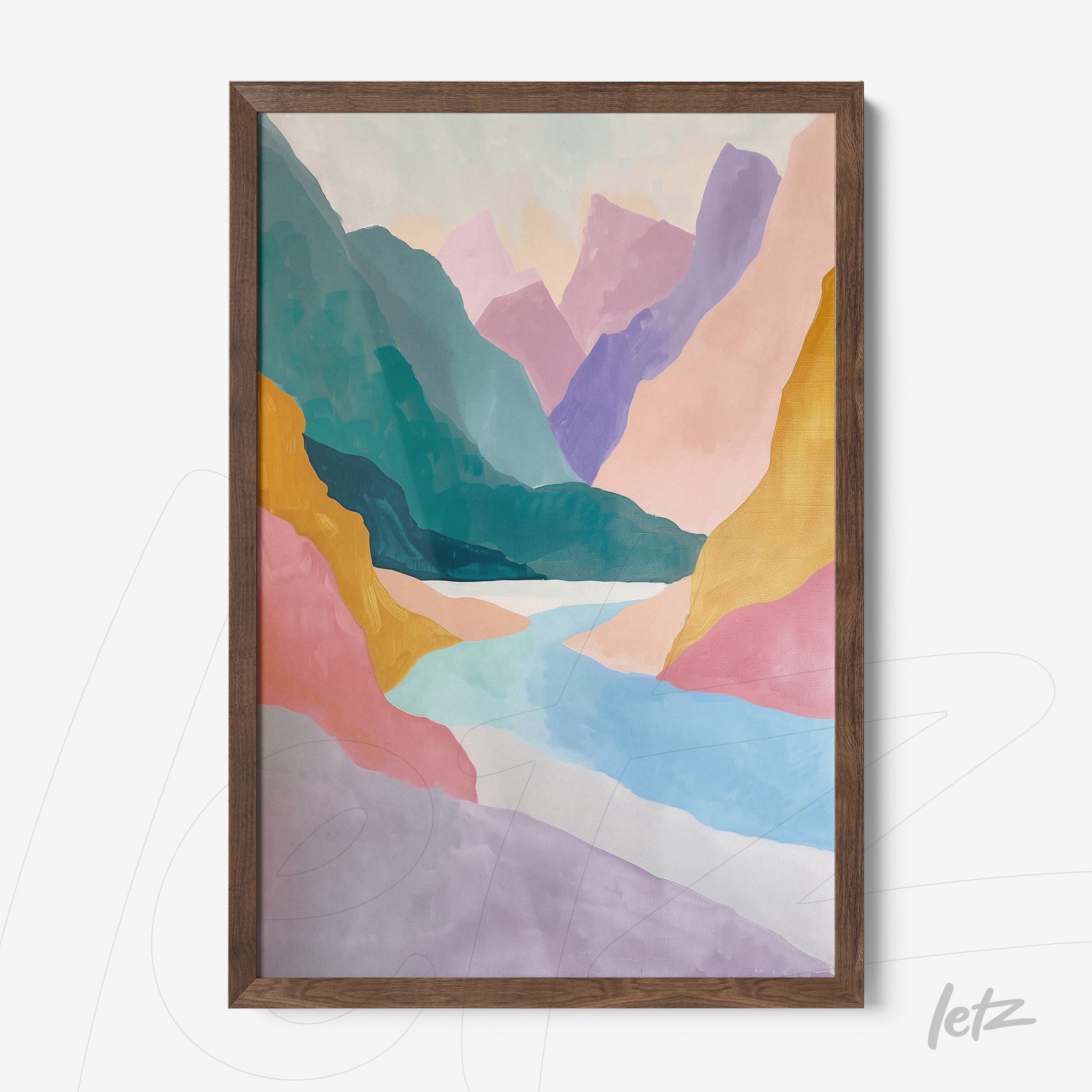 framed wall art featuring abstract design with colorful mountains and a pastel river