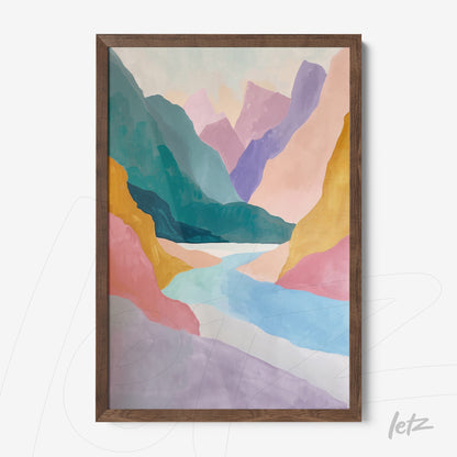 framed wall art featuring abstract design with colorful mountains and a pastel river