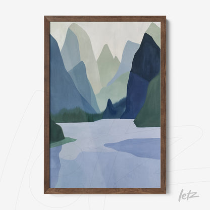 framed wall art featuring abstract mountain landscape in dark wood frame