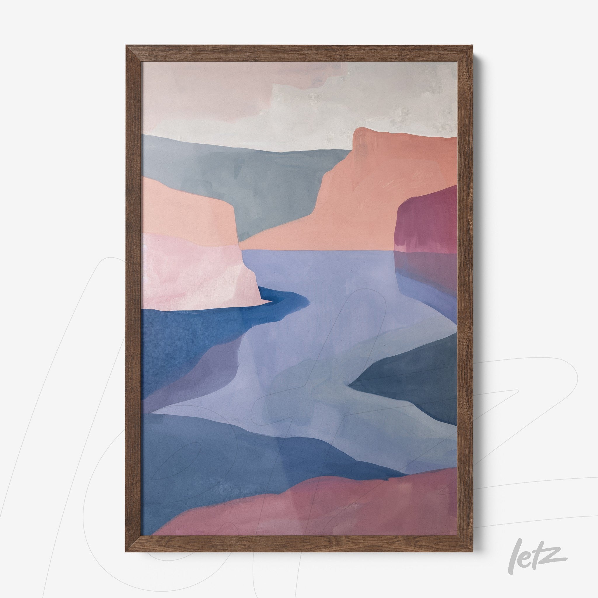 framed abstract art in shades of pink and blue depicting mountain shapes and a river