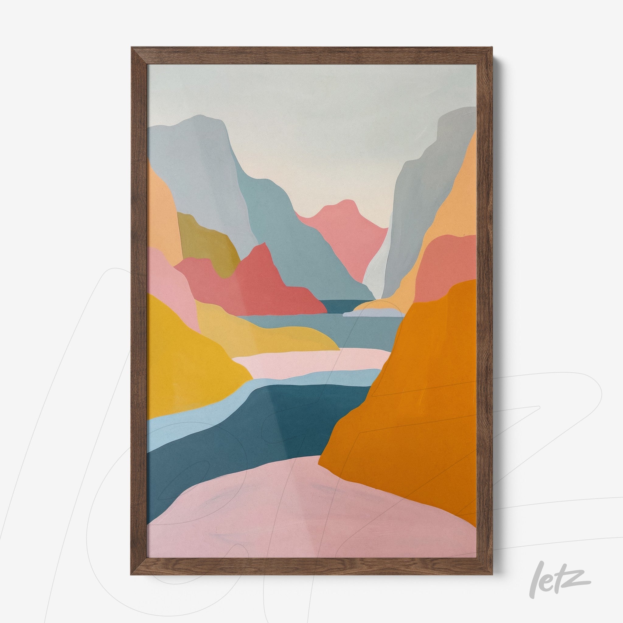 framed artwork featuring colorful pastel hills in an abstract landscape