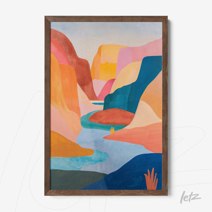 framed abstract art of a colorful valley with dark wood frame