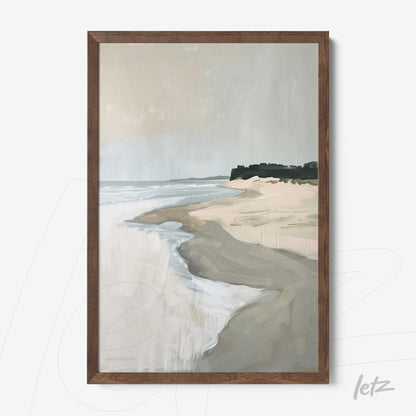 framed abstract art of a beach with cloudy sky and greenery in the background with dark wood frame