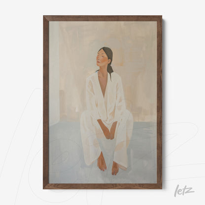 framed artwork depicting a seated woman in white attire with a dark wood frame and a soft background