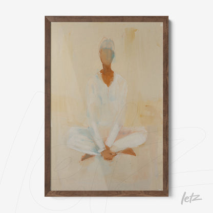 artistic painting of a meditative figure in soft tones with light wood frame