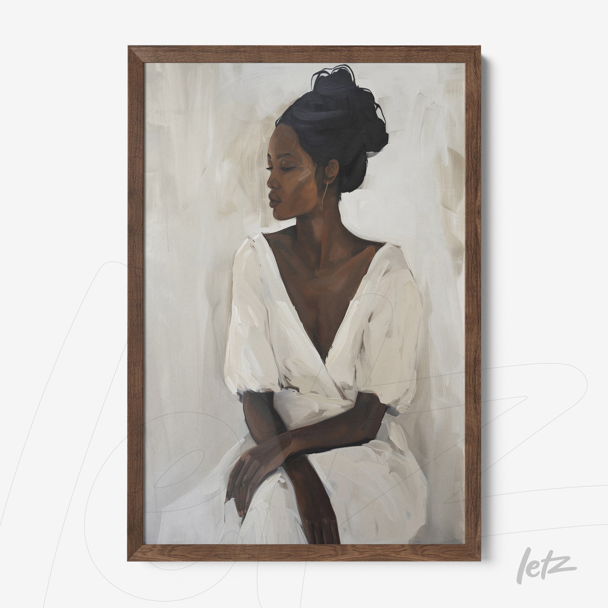 framed wall art featuring a feminine portrait in neutral tones, light background, and dark wood frame