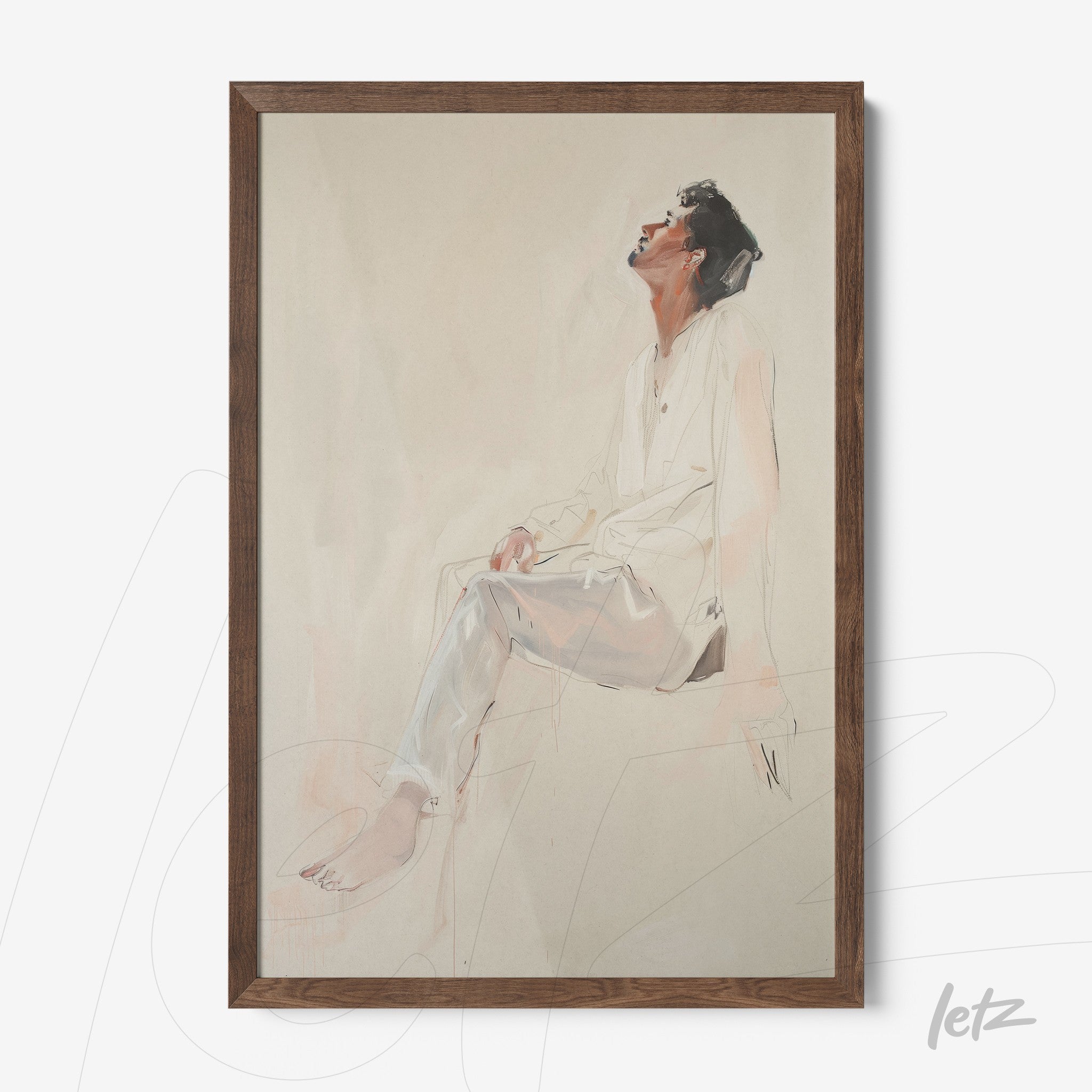 framed artwork portrait of a seated male figure with a thoughtful expression, curly hair, wearing a white shirt and silver pants, set in a dark wood frame