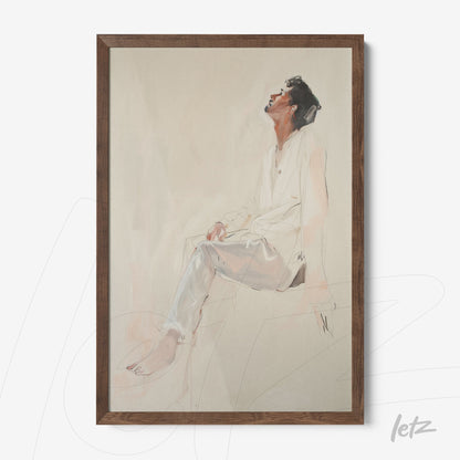 framed artwork portrait of a seated male figure with a thoughtful expression, curly hair, wearing a white shirt and silver pants, set in a dark wood frame