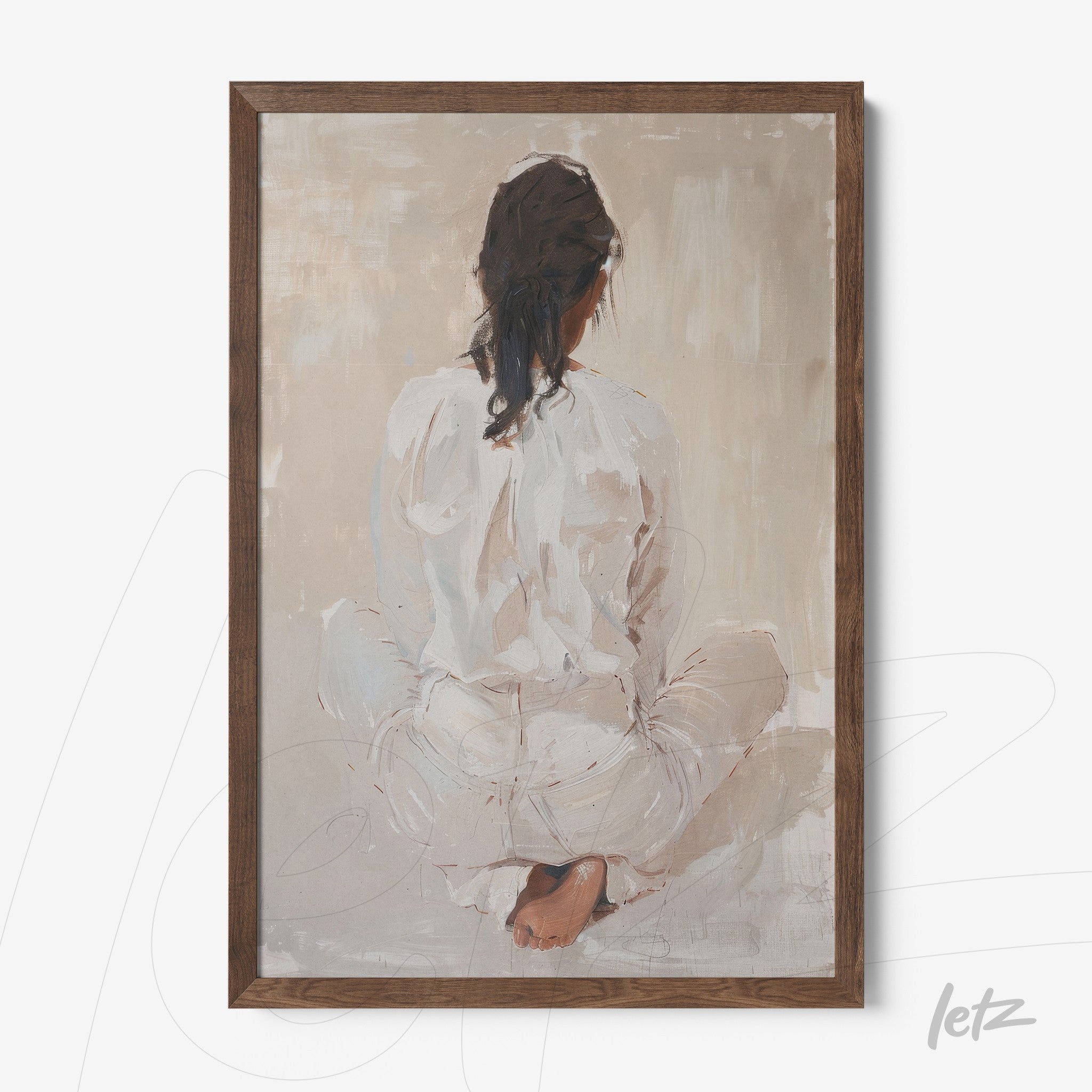 framed artwork of an abstract portrayal of a woman sitting in a contemplative pose with dark wood frame