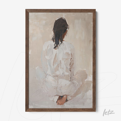 framed artwork of an abstract portrayal of a woman sitting in a contemplative pose with dark wood frame