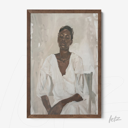 framed art featuring a portrait of a woman in a white dress with a serene expression and dark wood frame
