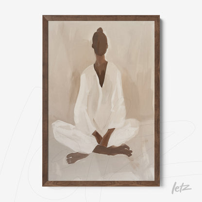 framed abstract art of a female figure in meditation with dark wood frame