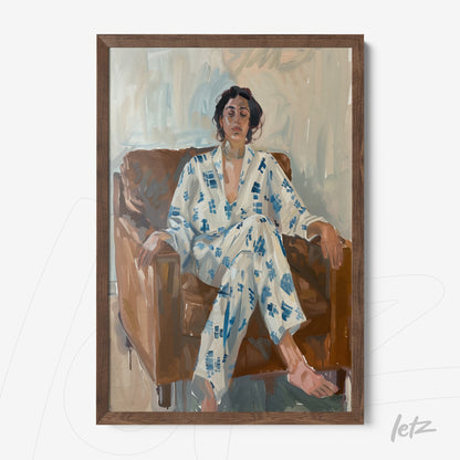 framed expressionist art of a woman in white pajamas with blue patterns seated on a brown sofa